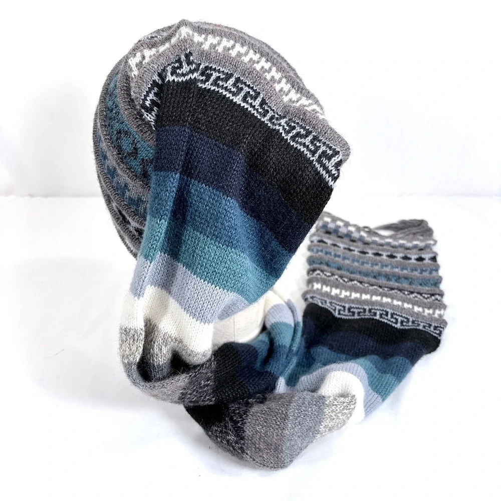 Hand‎ Knit Alpaca Wool Blend Fair Isle Beanie and Scarf in One Blue Grey